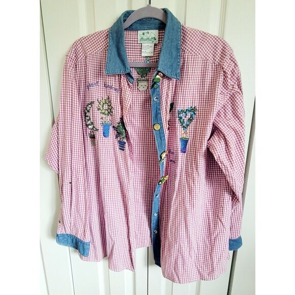 Quacker Factory 1X Shirt Gingham Plaid Gardening‎ Farmcore Button Up Vtg Cotton - Picture 1 of 11